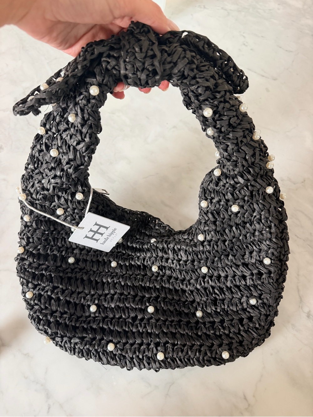 Haute Hippie Black Crochet Pearl-Embellished Shoulder Bag